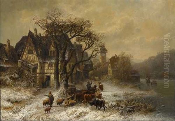 Bauern Mit Vieh Bei Der Heimkehr In Das Winterliche Dorf Oil Painting by Christian Friedrich Mali