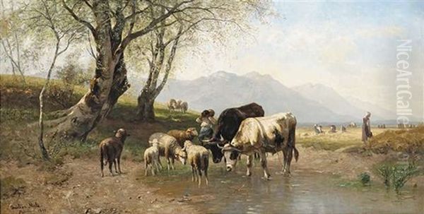 Mittagsrast An Der Tranke Oil Painting by Christian Friedrich Mali