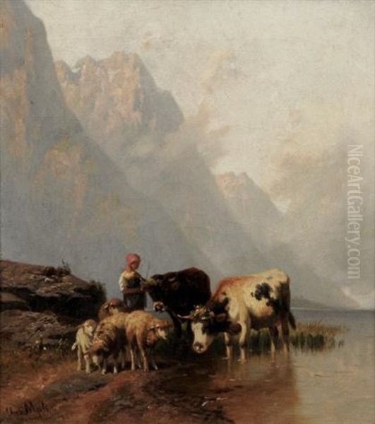 Hirtenmadchen Mit Kuhen Und Schafen Am Bergsee Oil Painting by Christian Friedrich Mali