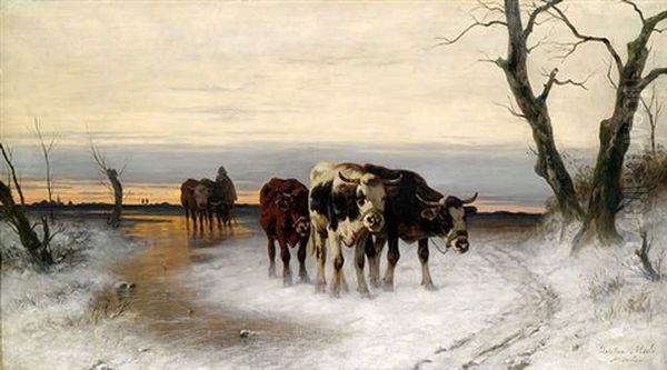 Heimtrieb Der Herde In Winterlicher Landschaft Oil Painting by Christian Friedrich Mali