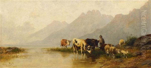 Viehherde Am Ufer Eines Gebirgssees Oil Painting by Christian Friedrich Mali