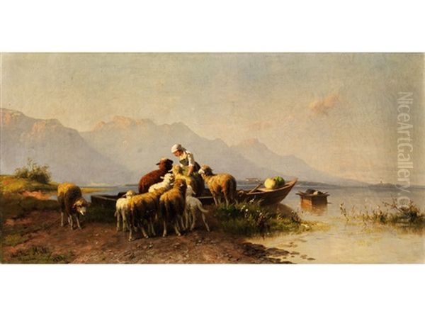 Junge Hirtin Im Kahn Am Ufer Eines Oberbayerischen Bergsees (chiemsee) by Christian Friedrich Mali