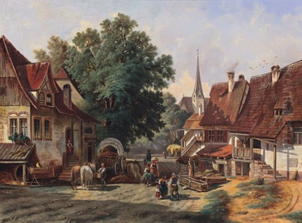 Prachtvoller Sommertag In Einem Oberschwabischen Kirchdorf Mit Reicher Figurenstaffage Oil Painting by Christian Friedrich Mali