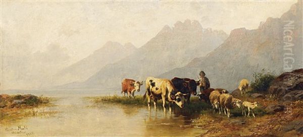 Viehherde Am Ufer Eines Gebirgssees Oil Painting by Christian Friedrich Mali