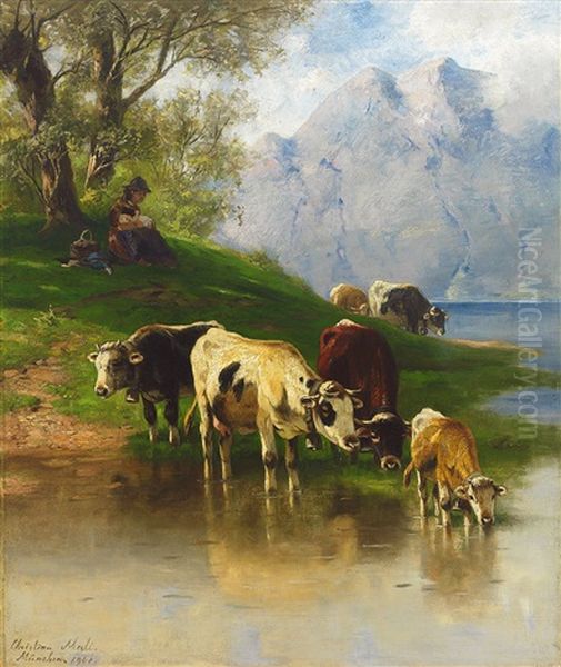 Kuhe An Der Tranke Am Ufer Eines Gebirgssees Mit Ruhender Bauerin Mit Kleinkind Im Schatten Eines Baumes Oil Painting by Christian Friedrich Mali