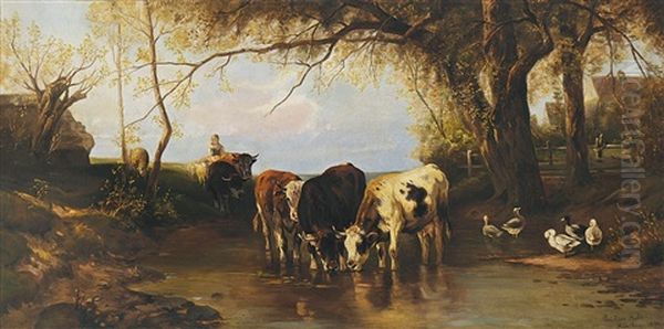 Hirtin Mit Kuhen Und Schafen Am Wasser Oil Painting by Christian Friedrich Mali