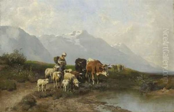 Hirtin Mit Schafen Und Zwei Rindern An Der Tranke Oil Painting by Christian Friedrich Mali