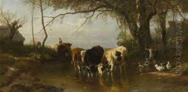 Hirten Mit Kuhen, Schafen Und Gansen Am Wasser Oil Painting by Christian Friedrich Mali