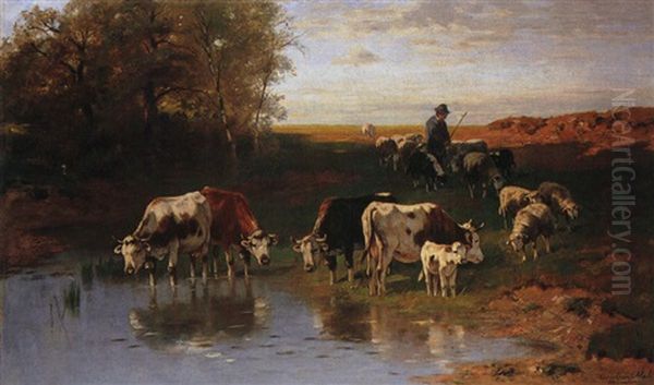 Schafer Mit Kuhherde Und Schafherde Am Gewasser Oil Painting by Christian Friedrich Mali