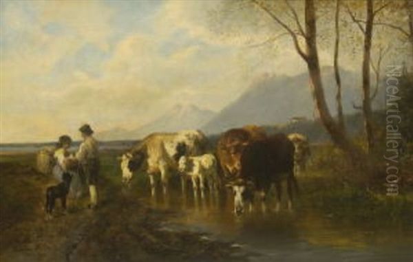 Hirtenpaar Mit Kuhen Am Wasser Oil Painting by Christian Friedrich Mali