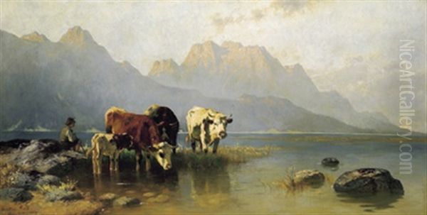 Kuhe Mit Hirten Am Seeufer Oil Painting by Christian Friedrich Mali