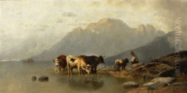 Hirte Mit Kuhen Am Ufer Eines Gebirgssees Oil Painting by Christian Friedrich Mali