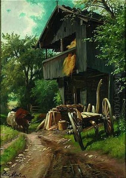 Am Rande Eines Heuschobers Ziehen Drei Kuhe Ihres Weges Oil Painting by Christian Friedrich Mali