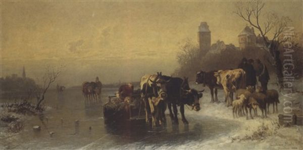 Rinder Und Schafe Auf Dem Eis Oil Painting by Christian Friedrich Mali