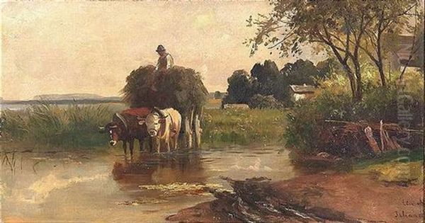 Heubeladener Ochsenkarren In Einer Furt Oil Painting by Christian Friedrich Mali