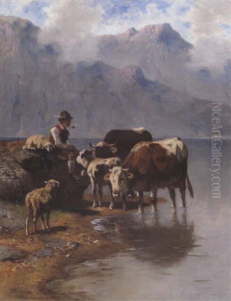 Hirte Mit Schafen Und Rindern Am Ufer Oil Painting by Christian Friedrich Mali