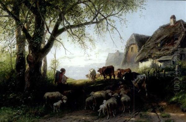 Schafe Und Kuhe Mit Ihrem Hirten Am Rande Eines Dorfes Oil Painting by Christian Friedrich Mali