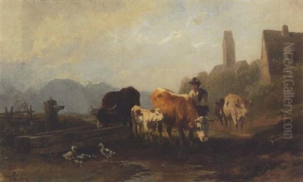 Huterjunge Mit Kuhherde Und Enten Am Brunnen Vor Dem Dorf Oil Painting by Christian Friedrich Mali