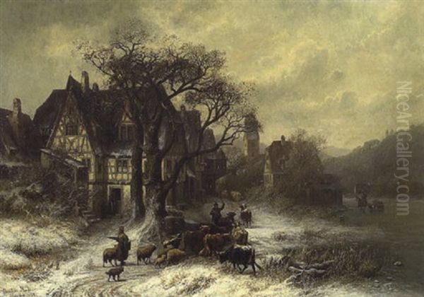 Ein Hirte Mit Seiner Herde Vor Einem Verschneiten Dorf Oil Painting by Christian Friedrich Mali