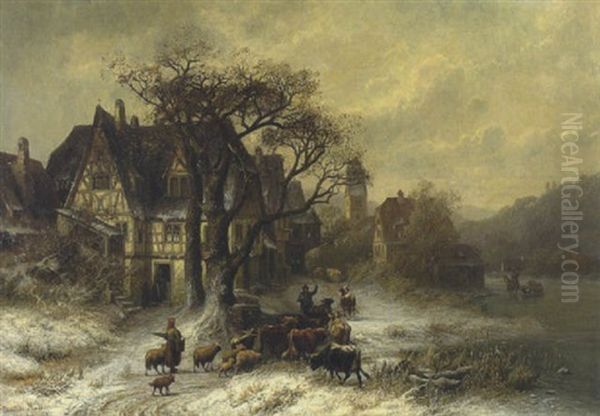 Ein Hirte Mit Seiner Herde Vor Einem Verschneiten Dorf Oil Painting by Christian Friedrich Mali