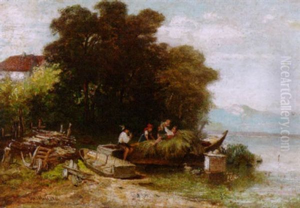 Am Ufer Des Chiemsees - Bauern Spielen Mit Ihren Kindern Auf Den Am Ufer Liegenden Booten Mit Heu Oil Painting by Christian Friedrich Mali