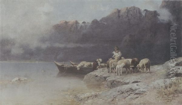 Vor Dem Herannahenden Gewitter Beladt Ein Hirtenpaar Die An Ufer Festgemachten Boote Oil Painting by Christian Friedrich Mali