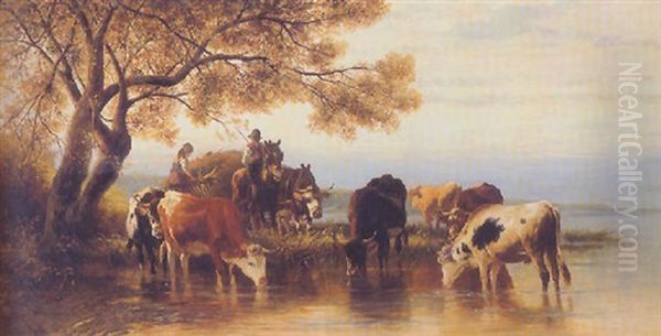 Cattle Watering, The Chiemsee (?) Oil Painting by Christian Friedrich Mali