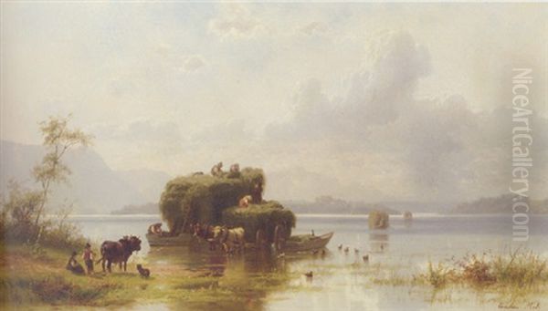 Unloading Haybarges, Chiensee Oil Painting by Christian Friedrich Mali