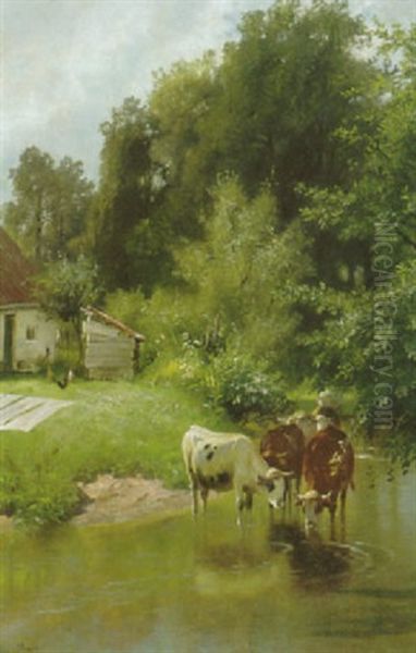 Kuhe Am Bach Bei Aresing Oil Painting by Christian Friedrich Mali