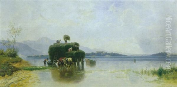 Beladen Eines Heubootes Am Chiemsee by Christian Friedrich Mali