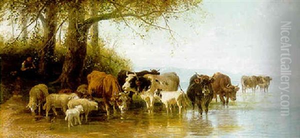 Cattle And Sheep By A River's Edge Oil Painting by Christian Friedrich Mali