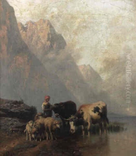 Kuhe Und Schafe Im Uferwasser Eines Alpensees Oil Painting by Christian Friedrich Mali