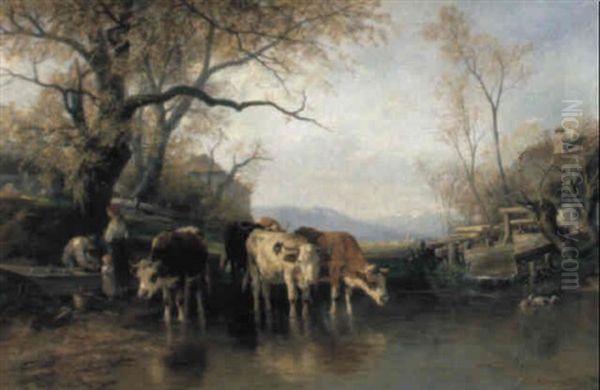 Viehtranke Am Rande Des Dorfes Oil Painting by Christian Friedrich Mali