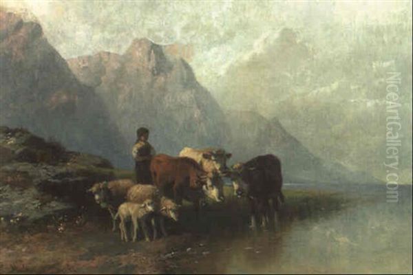 Eine Hirtin Mit Ihren Kuhen Und Schafen An Einem Gebirgssee Oil Painting by Christian Friedrich Mali