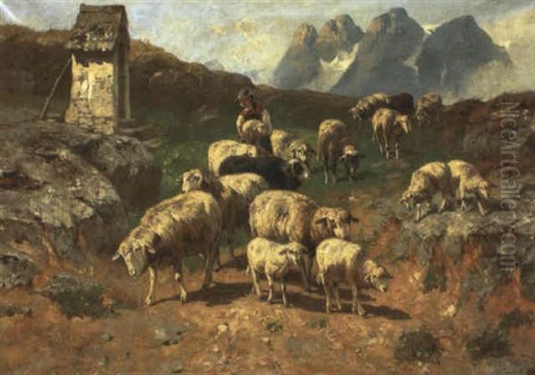 Kleine Schaferin Mit Ihrer Herde Im Gebirge Nahe Einer Wegkapelle Oil Painting by Christian Friedrich Mali