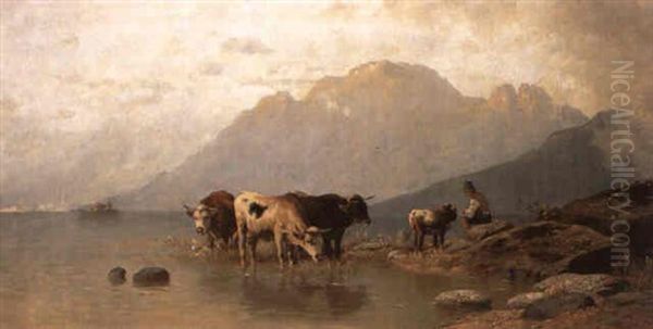 Huterbub Mit Kuhen Am Ufer Des Bergsees Oil Painting by Christian Friedrich Mali