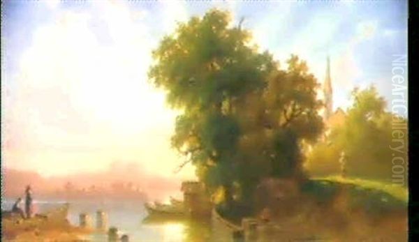 Chiemsee Mit Blick Auf Die Fraueninsel. Oil Painting by Christian Friedrich Mali