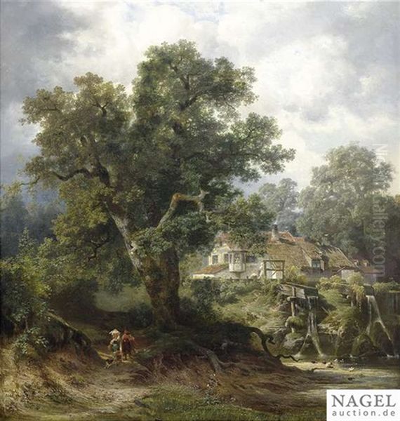 Summery Landscape With A Mill And A Peasant Family On The Tramp Oil Painting by Jan (Johann Cornelius) Mali