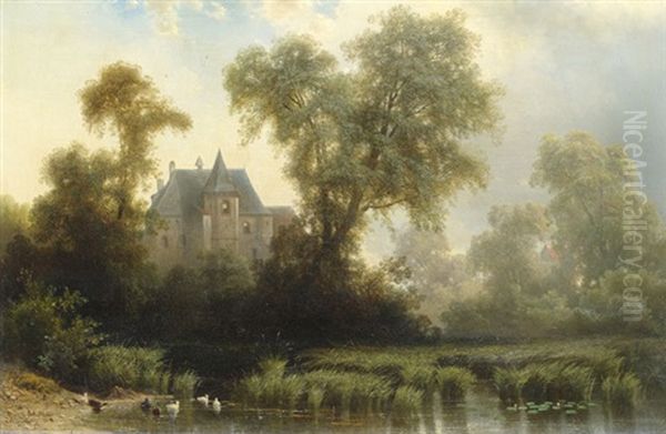 Sommerliche Landschaft An Einem Weiher Mit Einem Herrenhaus Im Hintergrund Oil Painting by Jan (Johann Cornelius) Mali