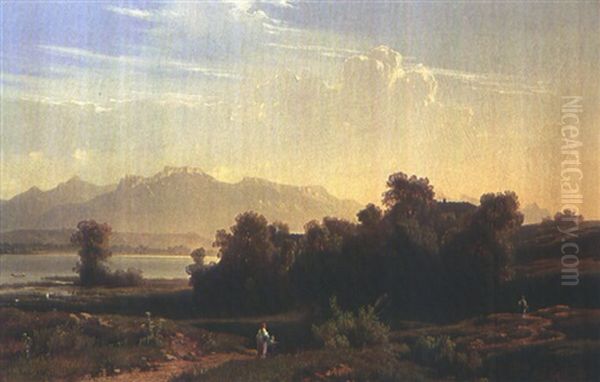 Chiemseelandschaft Mit Blick Auf Die Kampenwald Oil Painting by Jan (Johann Cornelius) Mali