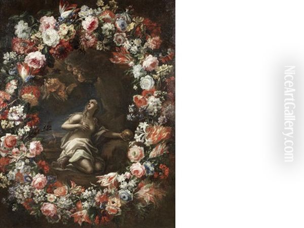 The Penitent Magdalen Surrounded By A Garland Of Flowers Oil Painting by Nicola Malinconico