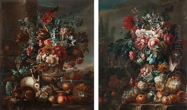 Still Life With Flowers, Fruits And Rabbits Oil Painting by Nicola Malinconico