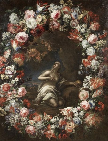 The Penitent Magdalen Surrounded By A Garland Of Flowers (collab. W/circle Of Luca Giordano) Oil Painting by Nicola Malinconico