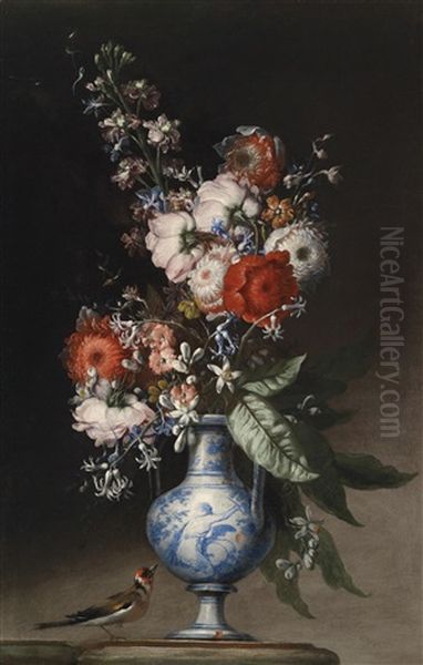 Blumenstraus In Einer Blau Bemalten Tonvase Und Mit Einer Meise Oil Painting by Nicola Malinconico