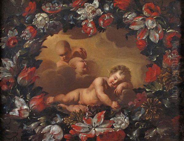 Gesu Bambino Dormiente Con Tre Cherubini, Entro Ghirlanda Di Fiori Oil Painting by Nicola Malinconico