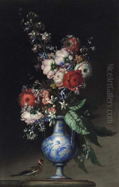 Un Vaso Di Fiori Con Una Cincia: Blumenstraus In Einer Blau Bemalten Tonvase Und Mit Einer Meise by Nicola Malinconico