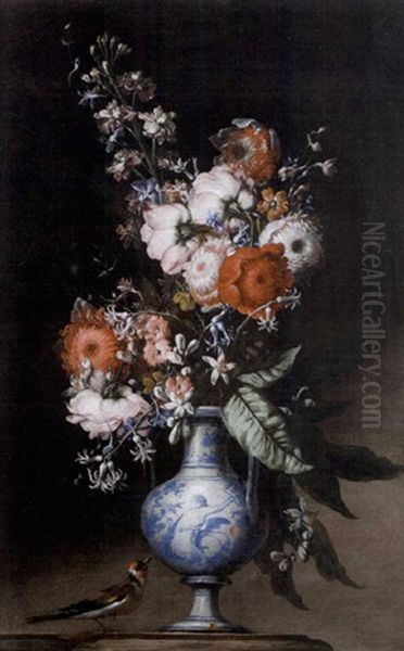 Chrysanthemums, Roses, Bluebells And Other Flowers In A Blue And White Vase On A Stone Ledge With A Greenfinch Oil Painting by Nicola Malinconico