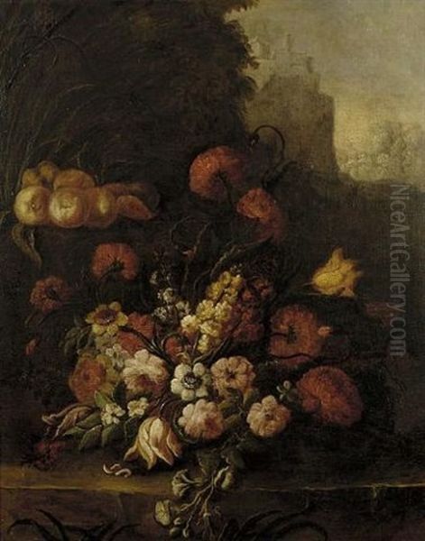 Roses, Tulips, Narcissi, Convolvulus And Other Flowers Beside Peaches On A Rocky Ledge, A Mountainous Landscape Beyond Oil Painting by Nicola Malinconico