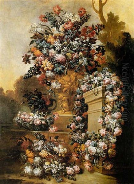 Still Life Of Flowers Arranged In A Sculpted Urn, Together With Garlands Of Flowers, Set Within A Classical Garden Oil Painting by Nicola Malinconico