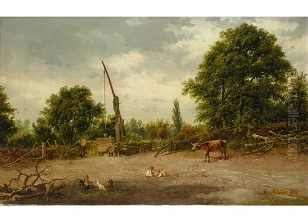 Landschaft Mit Ziehbrunnen, Kuhen Und Spielenden Kindern Oil Painting by Viktor Adam Malinovsky